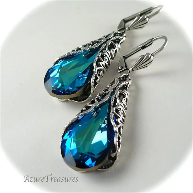 

Vintage Blue Water Drop Earrings For Women Vintage Jewelry Antique Silver Color Hollow Out Long Dangle oorbellen Bijoux C5C157