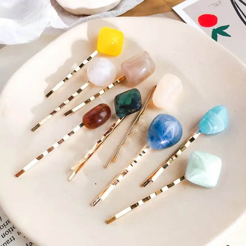 

Fashion Women Girl Sweet Colorful Irregular Resin Stone Hairpin Side Bangs Hair Styling One Word Clip Metal Alloy Wavy Barrettes