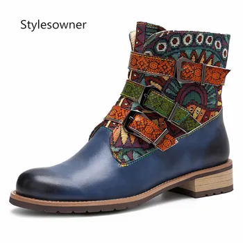

Stylesowner High Quality Hot Cow Leather Woman Ankle Boots Spring Autumn Popular Retro Behemian Boots Buckle Strap Ethnic Style