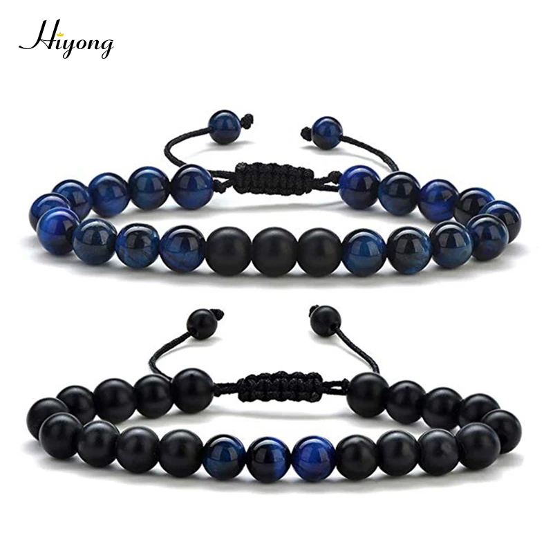 

8mm Blue Tiger Eye Bracelet Black Matte Bracelet,Stress Relief Braided Rope Natural Stone Yoga Beads Bracelet Bangle for Couples