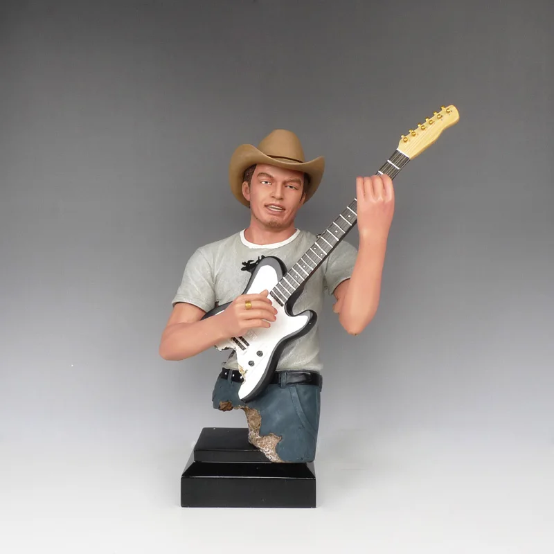 

Temple painted American West Country Pub Band Guitar Player Bust Sculpture Handmade Resin Lead Vocalist Figurine Ornament