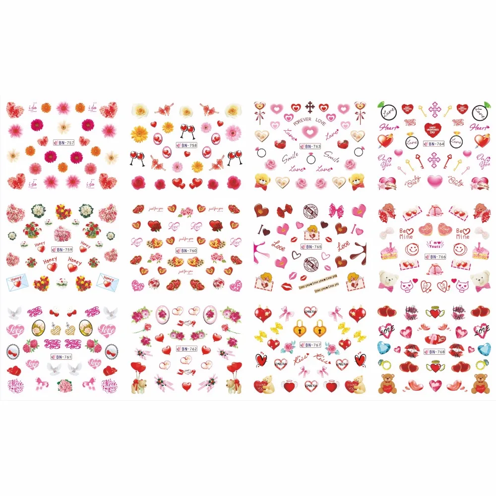 

UPRETTEGO 12 PACK/ LOT WATER DECAL NAIL ART NAIL STICKER VALENTINE WEDDING KISS BEAR SWEET HEART CUP LOVE BN757-768