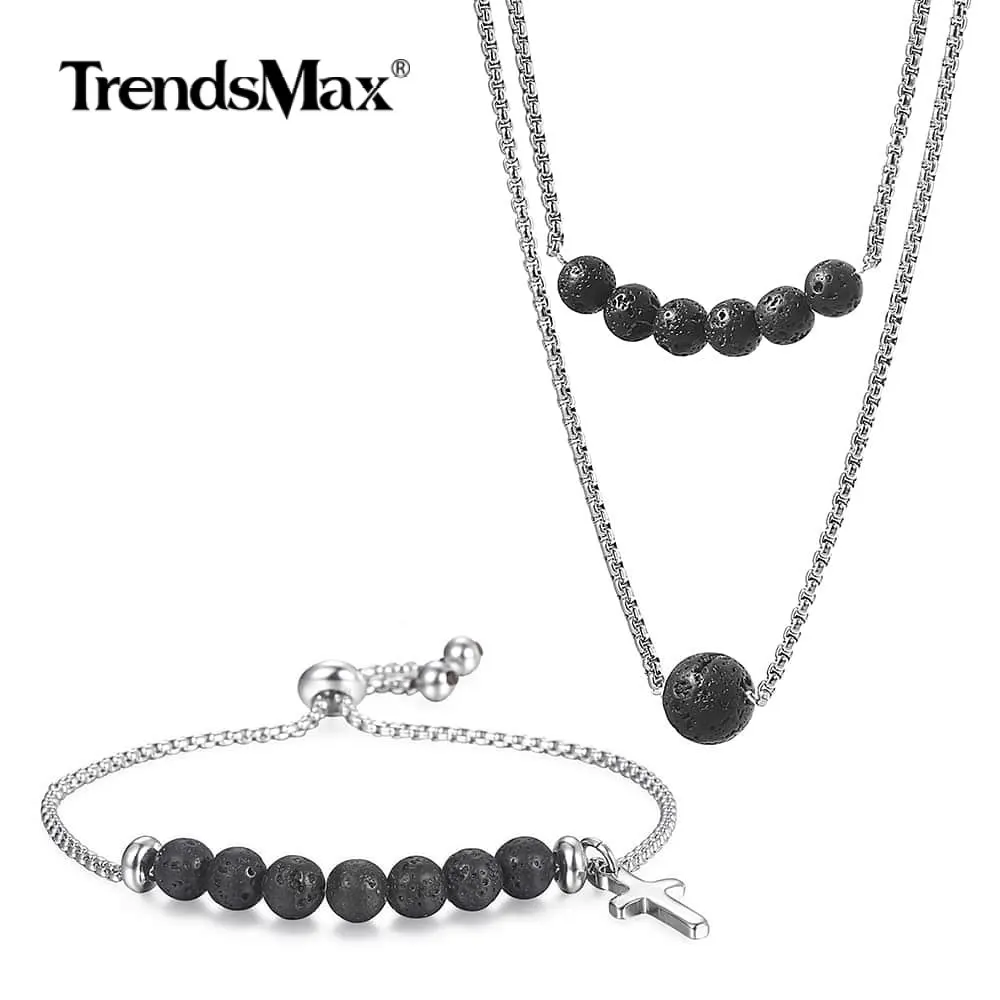 

Double Layer Lava Beads Pendant Necklace Bracelet Set Mens Womens Black Essential Oil Diffuser Stainless Steel Jewelry Sets DS02
