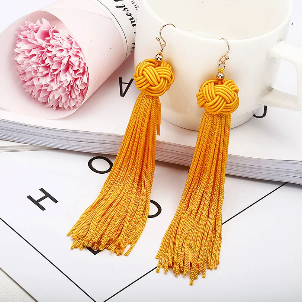 

Handmade Bohemian Gold Color Tassel Long Earrings brinco many colors Silk Hanging Earrings For Women 2019 Jewelry Dangle Earring