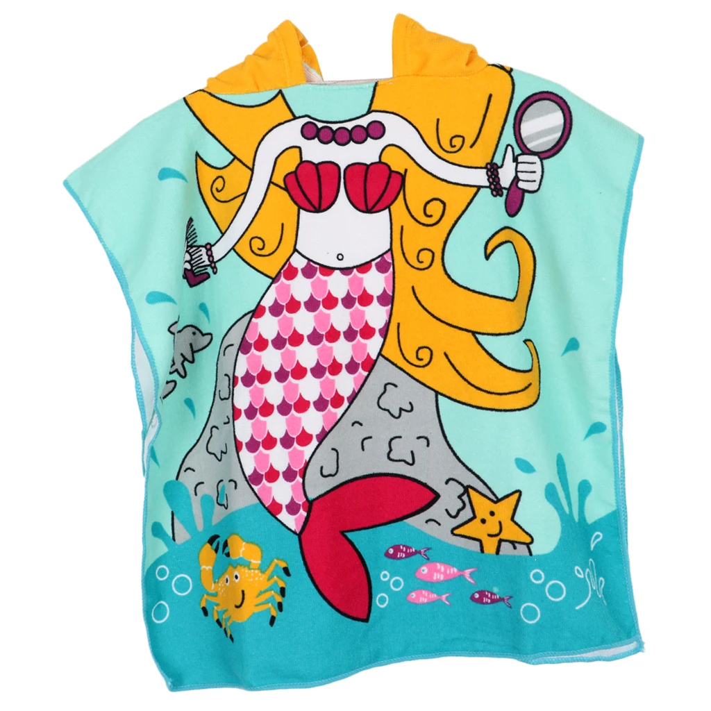 Lightweight Surf Changing Robe Swimming Beach Hooded Poncho Wetsuit Towel with Mermaid Butterfly Shark Image for Boys Girls Kids