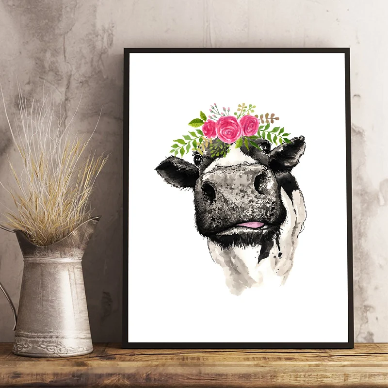 Flowal Crown Cow Canvas Prints Home Decor