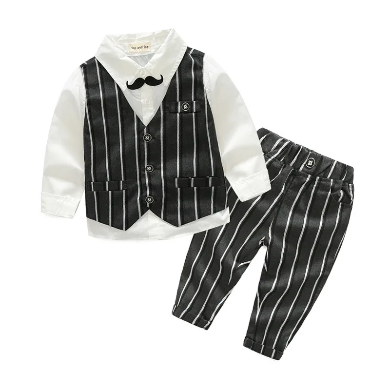 

Baby Boy Clothes Europe United States Explosion Models Mustache Striped Vest + Lapel Shirt Top + Pants Gentleman 3Set Bebe Suits