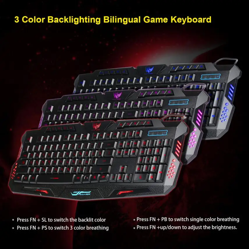 

HOT SALE New fashion three Colors Crack Illuminated LED Backlight USB Wired Multimedia PC Gaming Keyboard  for LOL DOTA CF NICE