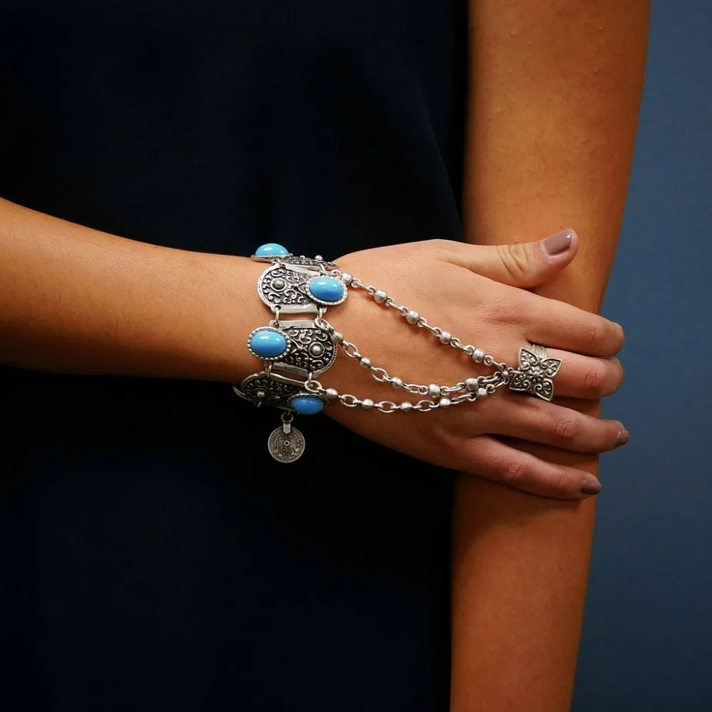 

Vintage Silver Chain Finger Bracelet Pulseras Bohemian Gypsy Beach Charm Turkish Coin Pendant Hand Chain Slave Bracelet Bangle