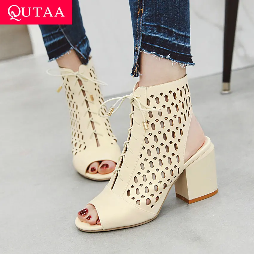 

QUTAA 2019 Women Sandals PU Leather Square High Heel Peep Toe Slingback Lace Up Cut Outs Punk Pumps Fashion All Match Size 34-42