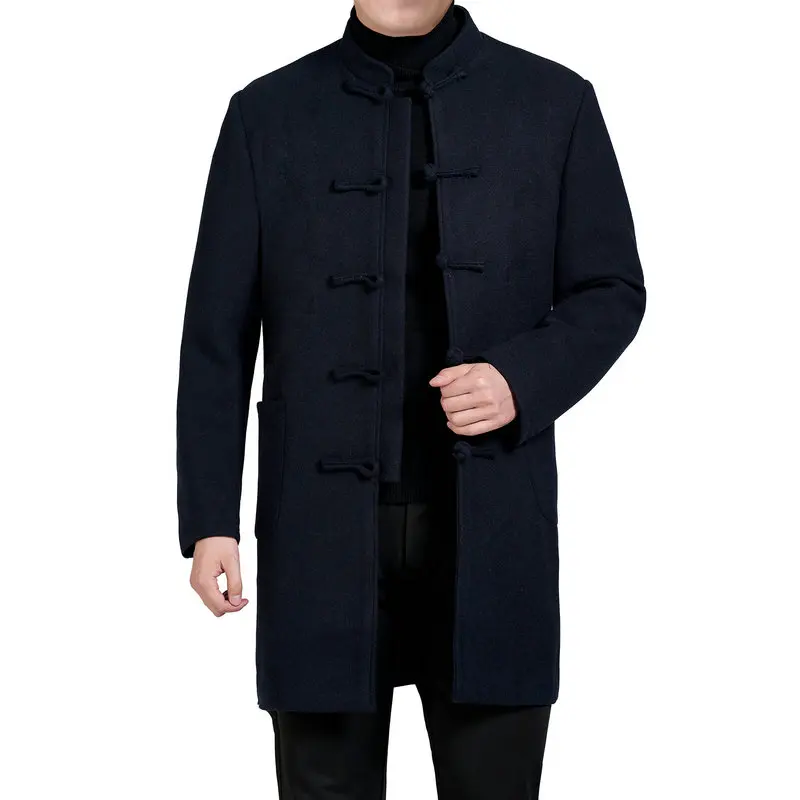 Осенняя мужская Этническая туника, костюм, куртка Kong Fu, блейзер, черный, Tangzhuang, мужские восточные куртки, мужские твидовые пиджаки с воротником «Мандарин», новинка - Цвет: Navy Blue Blazer