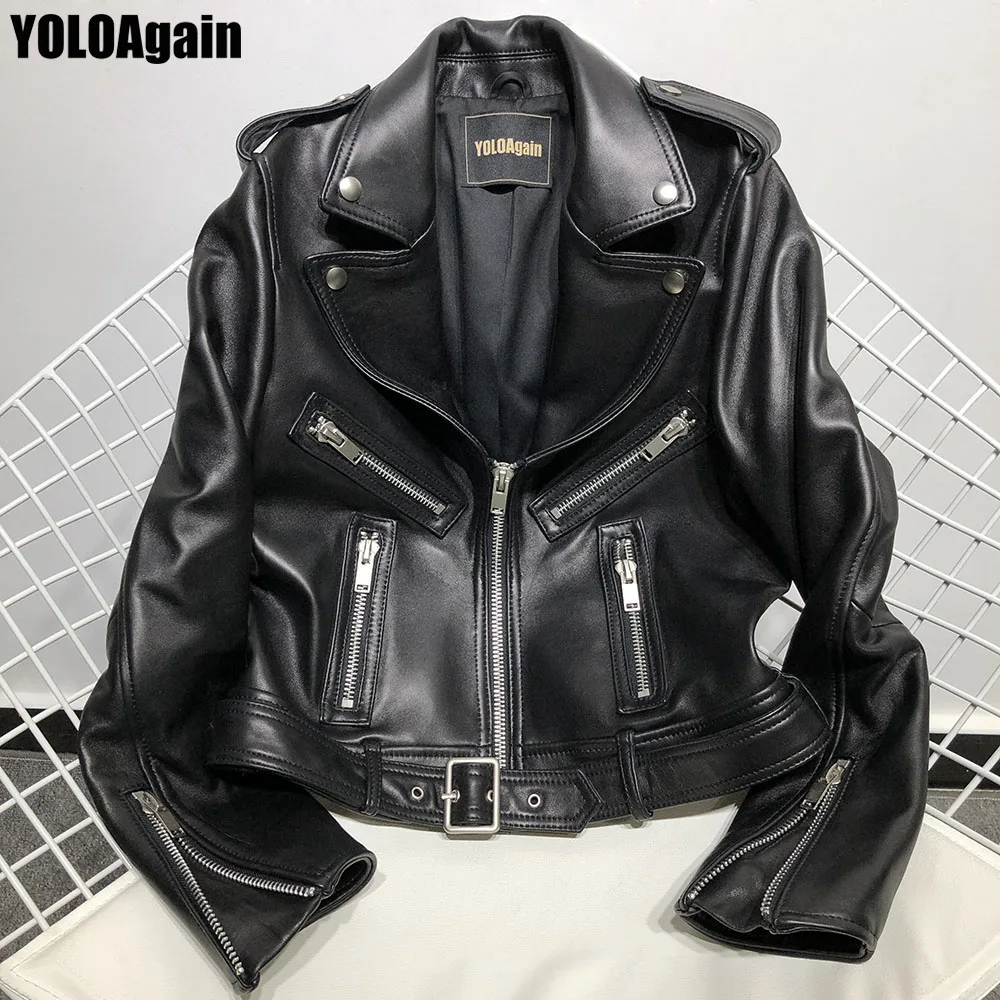 

YOLOAgain Women genuine leather jacket ladies V-neck hige street black real sheep leather jacket