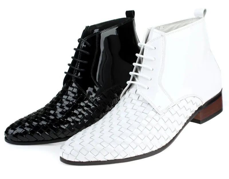 Woven Black White Ankle Boots Mens Wedding Boots Genuine leather