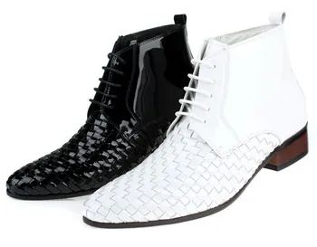 

Woven Black White Ankle Boots Mens Wedding Boots Genuine leather Motorcycle Booties Forma Casual Chelsea Martin Boots Man Shoes