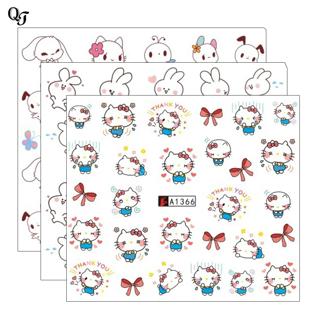 

QT Beauty White/Blue Rabbit/Cat/Butterfly/Flower Design Nail Art Water Transfer Stickers Cute Animal Nail Decals QA1366-1368