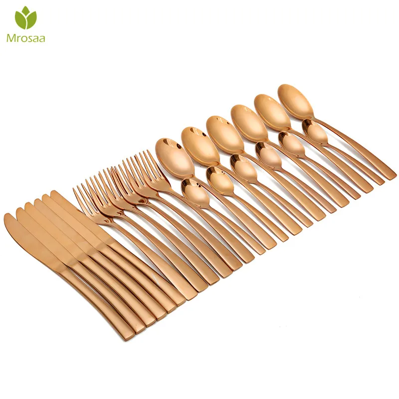 

Mrosaa 24Pcs/Set Stainless Steel Gold Dining Food Fork Scoop Spoon Knife Knifies Flatware Tableware Set High-end Dinnerware Set