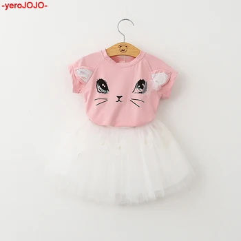 

Girls Clothes New Spring Summer Girl's Short-sleeved Suit Kids Cute Cat T-shirt+Fluffy Short Skirt Suit For Toddler Girl Clothes