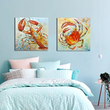 

2pcs Oil painting about "Crabs and lobsters" print on canvas wall art craft home decor wall pictures for living room kitchen