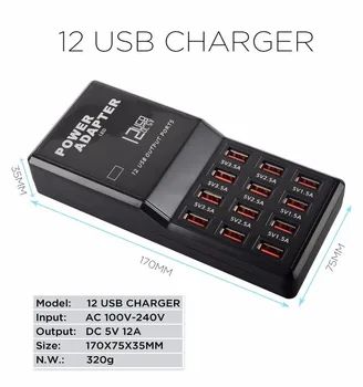 

Desktop Adapter Fast Charger for Phone Tablet PC 5V 12A Output Max 0.3A Input Charge Smart 12 Port Multiple USB Charger USB Hub