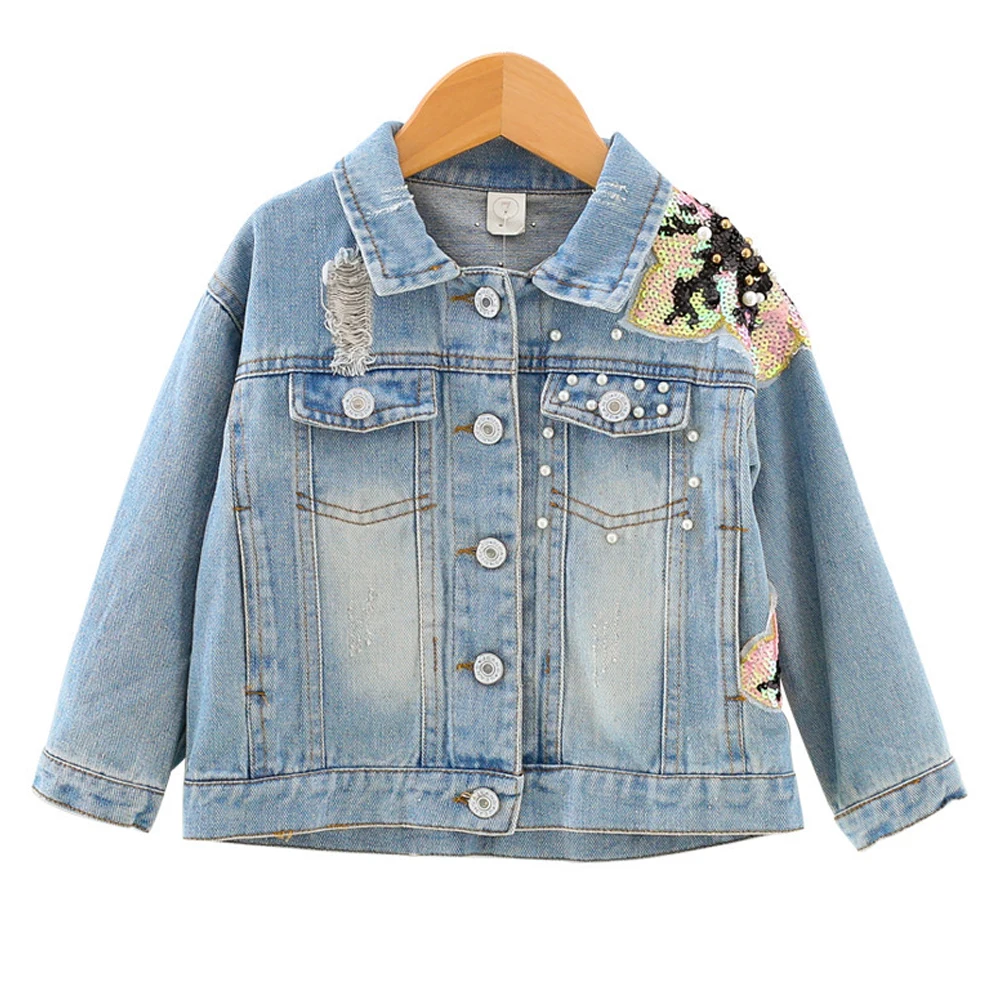

Girls Coat 2019 Autumn Girls New Korean Fashion Print Version Children Jacket Fashion Beaded Long-Sleeved Lapel Denim Jacket