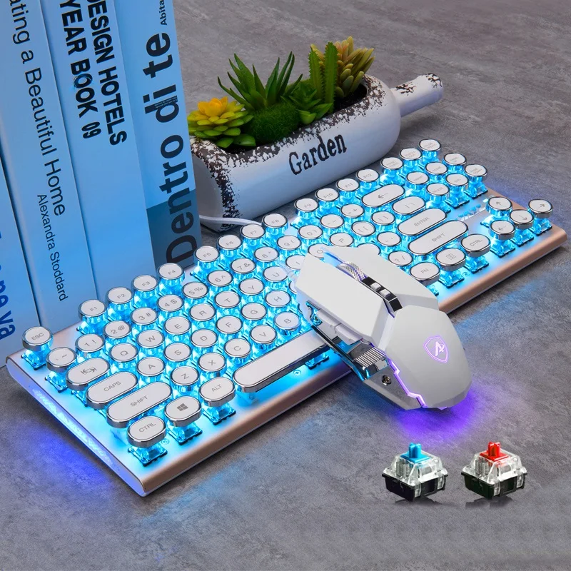 

Ajazz AK 40 87 Key + Ajazz AJ110S USB Mechanical Keyboard and Mouse Set Retro Round Keycap,Metallic Gaming Keyboard and Mouse
