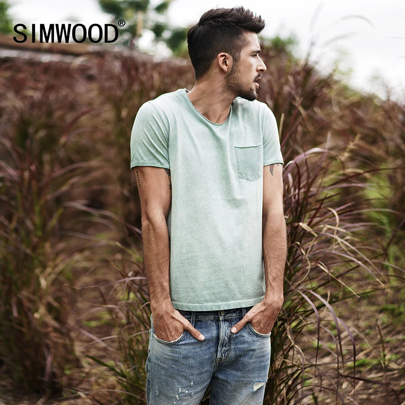 SIMWOOD 2019 летние футболки для мужчин Slim Fit 100% хлопок с v образным вырезом карман