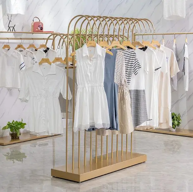 

Golden clothing store in the island rack floor rack simple display rack double rack intermediate shelf parallel bars side hanger