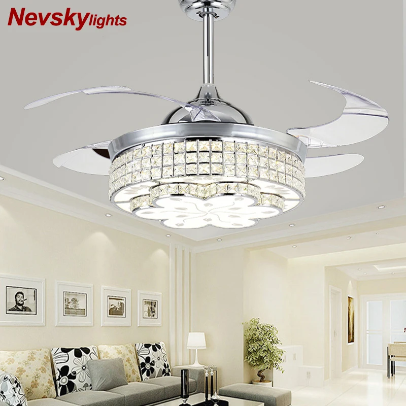 LED Crystal Chandelier Fans for Living Room Retractable Folding Fan With Remote Control Bedroom