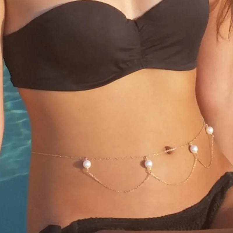 

Jewelry Fashion Personality Imitation Pearl Double Layer Metal Waist Chain Beach Bikini Sexy Alloy Body Chain Wholesale