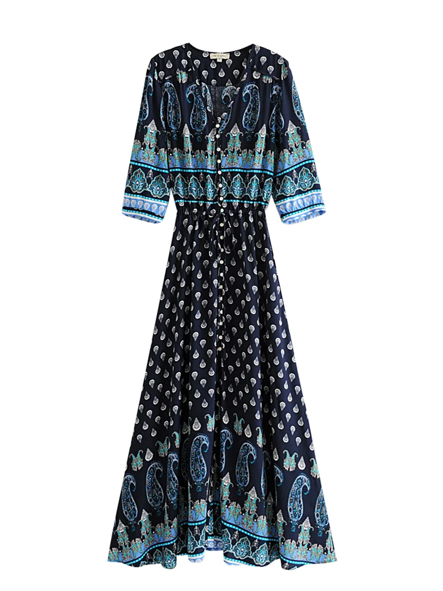

Navy Ethnic Floral Maxi Dress Women Summer Clothes 2019 3/4 Sleeve V neck Vintage Loose Dresses Beach Boho Hippie Long Dress