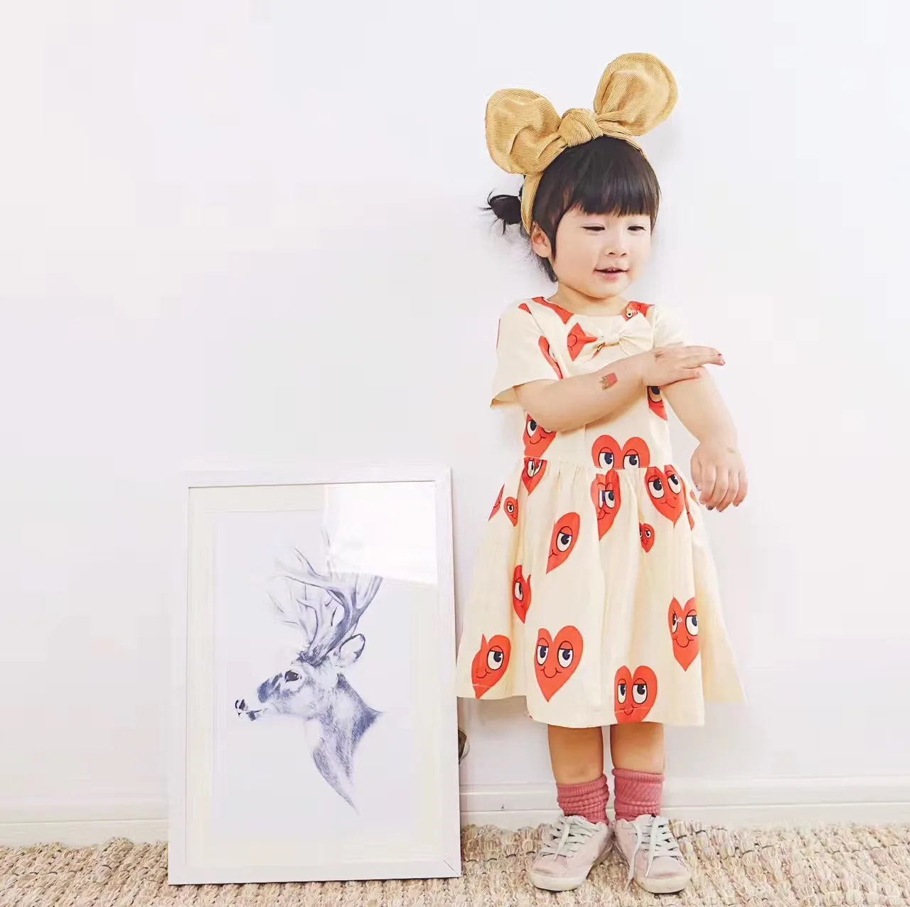 

New SS17 Mini loves Summer For Baby Girls Cute Dress Kids Short Sleeve Love Heart Full Print Dress Beau