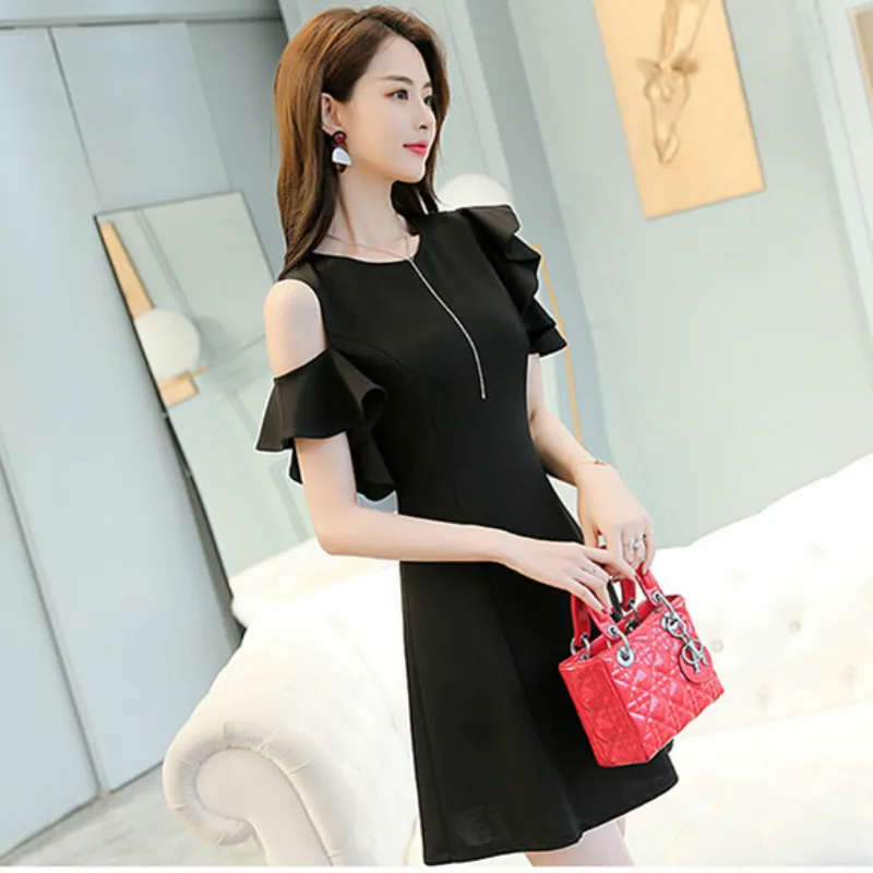 

2019 summer new Korean women mini black Sexy dress fashion temperament slim Ruffle sleeve dress elegant party dresses vestidos