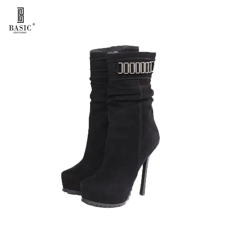 

Basic Edition Women Suede Leather Winter High Heel Ankle Boots Chain Accessories - A1003-880
