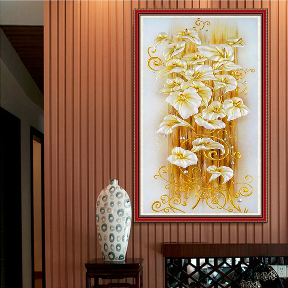 

2018 5D DIY Diamonds Embroidery Golden Lily Flower Painting Cross Stitch Kits Home Living Room Decor Round Diamond Wall Stickers