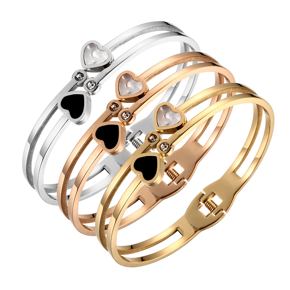 

Fashion Open Cuff Bangle Bracelet Stainless Steel Jewelry Rose Gold Color Double Heart Crystal Bracelets for Women Pulseira
