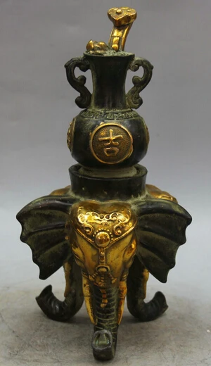 

JP S0524 11" Chinese Bronze Gild Ru Yi Auspicious Safety 3 Foot Elephant Head Vase Statue (B0413)