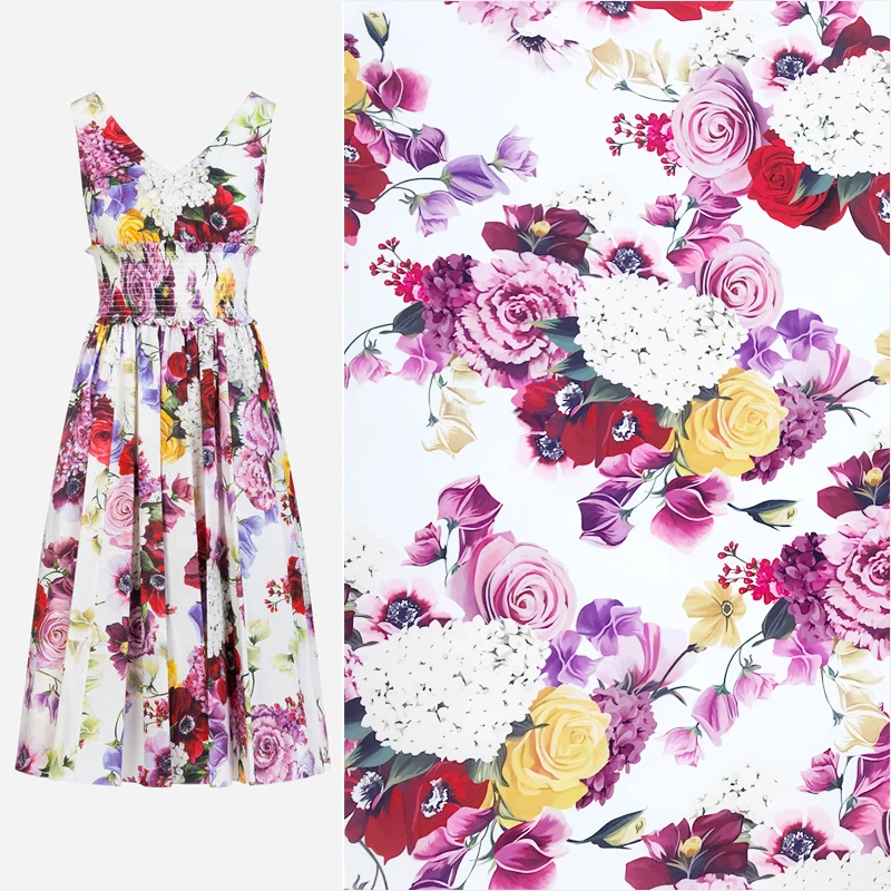 

Hydrangeas and Flowers Print White Four Way Stretch Polyester Fabric for Woman Summer Dresses Skirts Blouse Pants DIY-AF988