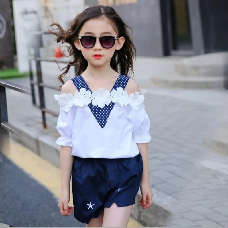 

2019 summer new children's clothing girls lace collar strapless short tops+pants
