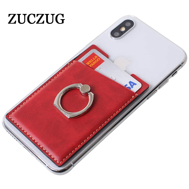 

PU Leather Cell Phone Card Holder with Ring Grip Stand, Adhesive Sticker Back Slim Stick On Card ID Holder Wallet for Cellphones
