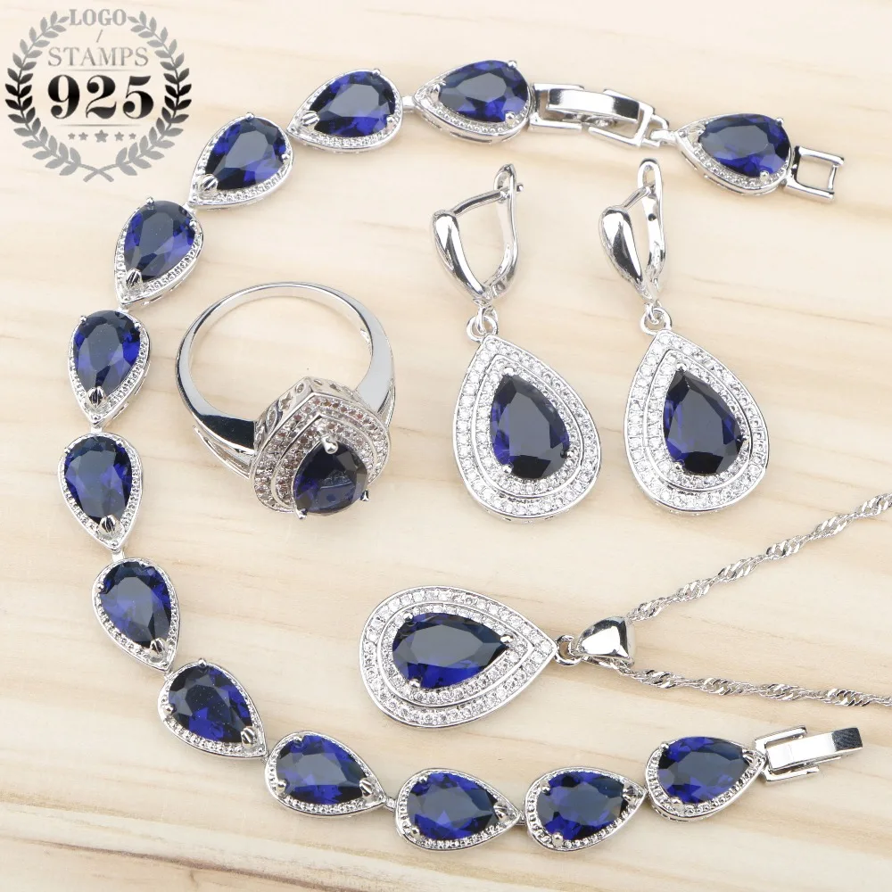 

Blue Zircon White Rhinestones Sliver 925 Wedding Jewelry Sets Earrings/Pendant/Necklace/Rings/Bracelet Set For Women Free Box