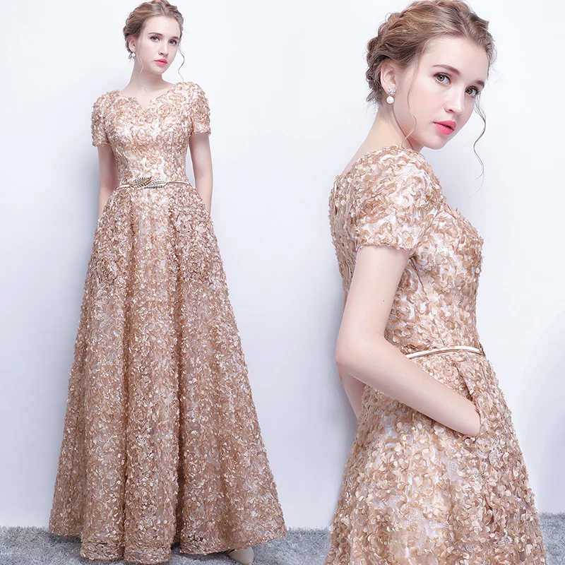 Walk Beside You Vintage Evening Dresses Long Floor Length with Belt Short Sleeves V-neck Prom Dresses 2019 Vestidos Largos De