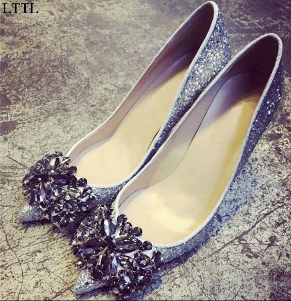 Fashion Spring/Autumn Pointed Toe Slip-On Sequined Crystal Solid Silver/Black Shoes Thin High Heels Women Pump Free Ship Size 9