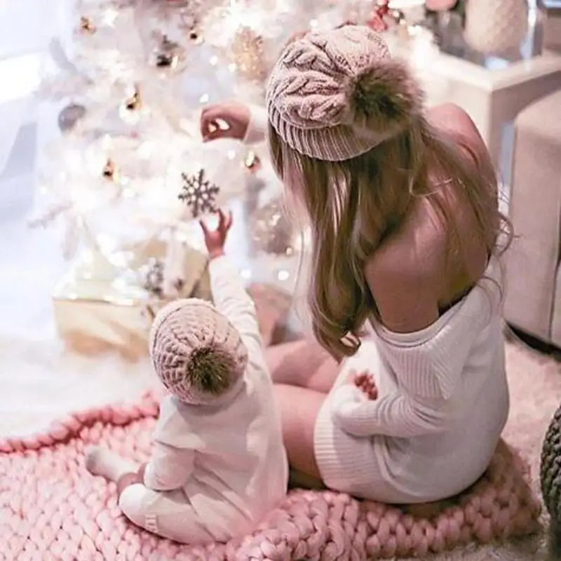 

Family Matching Beanie Hairball Kids Cap Outfits Fashion Parent-child Caps Cute Infant Baby Pompon Mom Baby Knitting Warm Hat