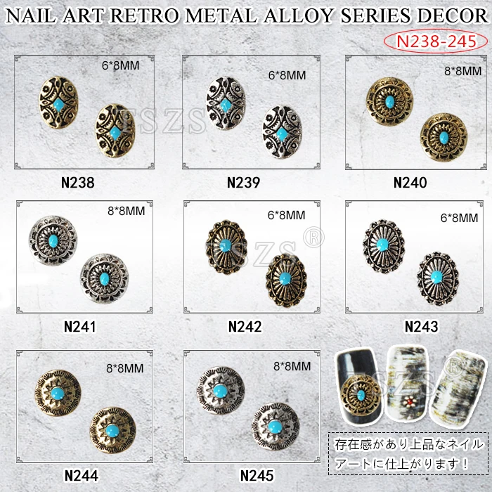 

10pcs/lot Japanese type gold silver retro Engraved Round Oval Metal Alloy Nail Art Deco Nail Charms Accessories for Manicure