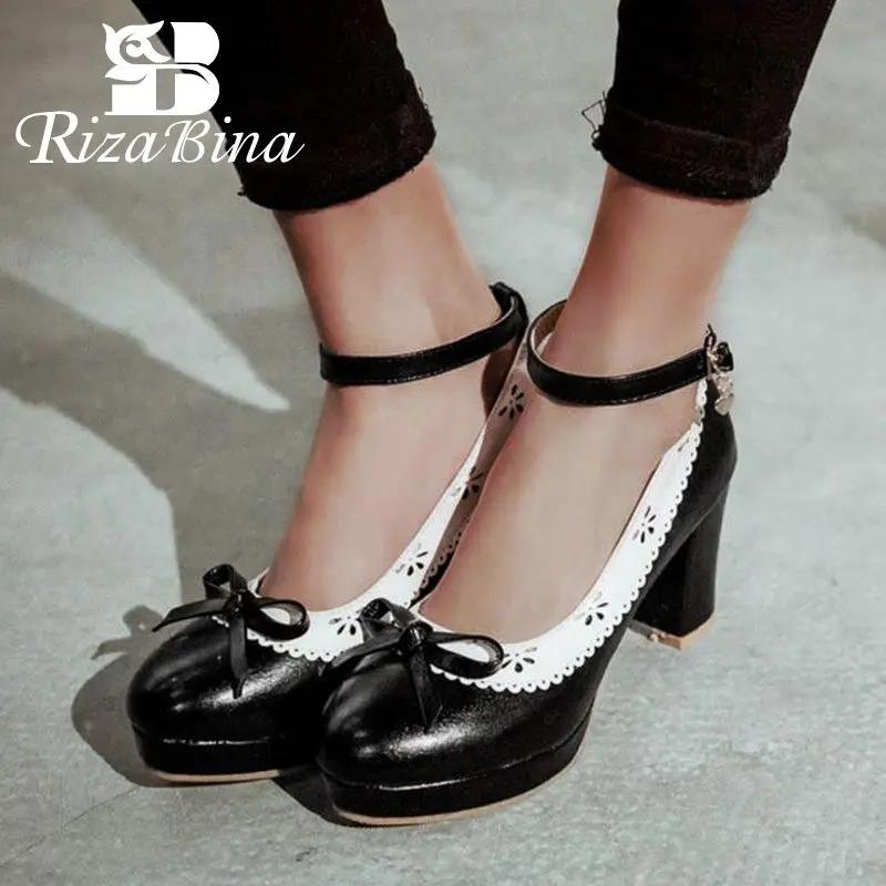 

RizaBina Size 34-43 Thick Heels Shoes Women Bowknot Patchwork Buckle Pumps Ankle Strap Platform Stiletto Party Wedding Footwear