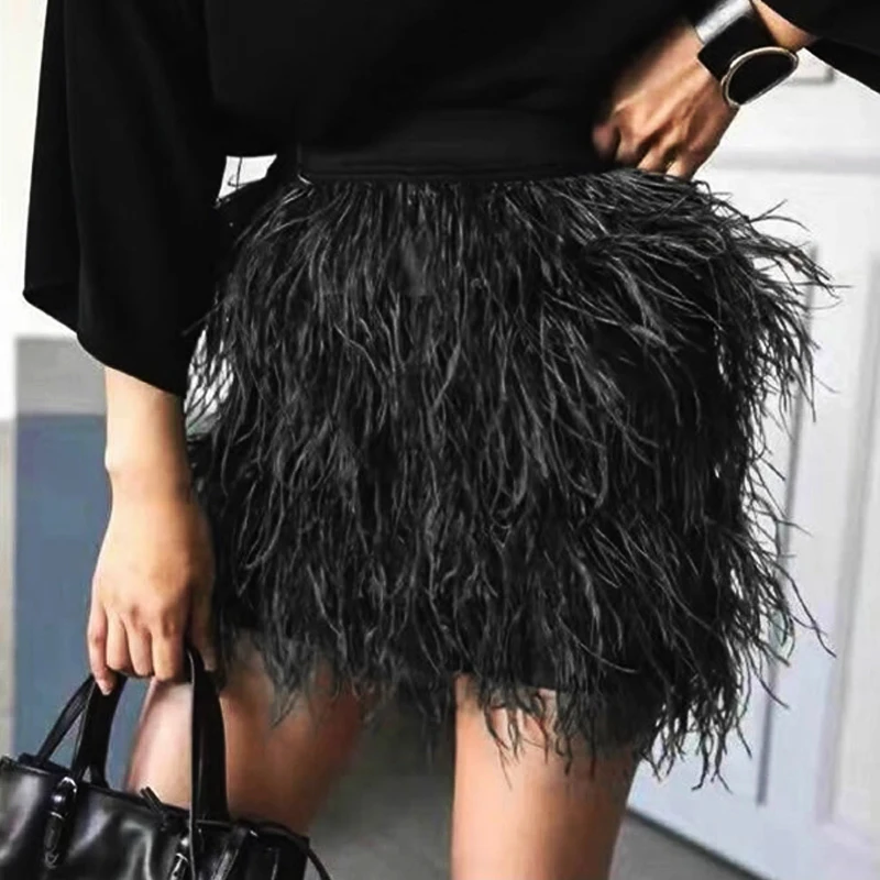 2017 Autumn Winter Women Ostrich Feathers Skirt High Quality Fashion