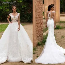 Robe De Mariage сексуальное свадебное платье Русалочки с отстегивающимся шлейфом и кружевной аппликацией с глубоким вырезом свадебное платье 2 в 1 RW05