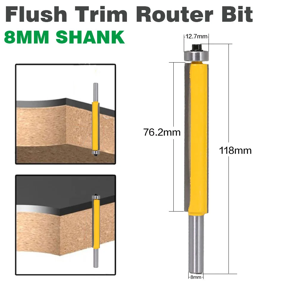 1 шт., 8 мм хвостовик, длинное лезвие, заподлицо, фреза, концевой подшипник для деревообработки, режущий инструмент