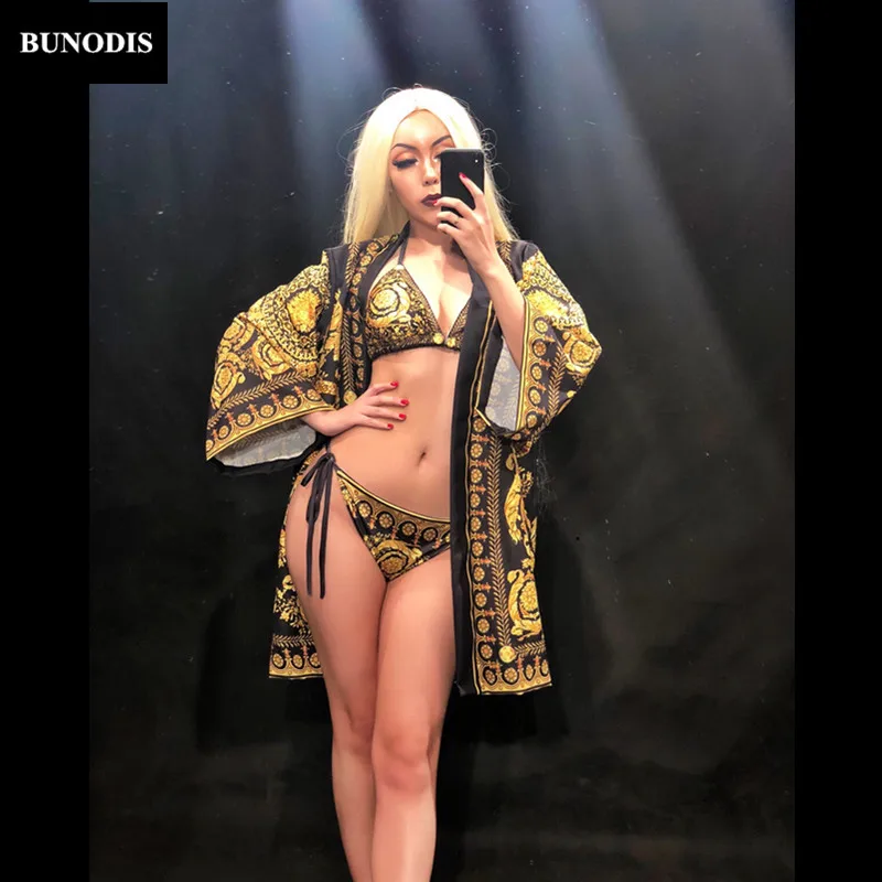 Costumes D'étape Usage Mode De Vêtements Impression Body Femmes Sexy Manteau Party Bling Défilé Bu187 Fleur Bikini Or Beach Oq6wB