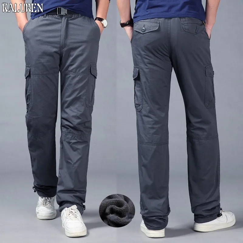 Зима плюс размер loose Свободные флисовые мужские брюки карго длинные брюки эластичная талия прямые длинные брюки 9 моделей